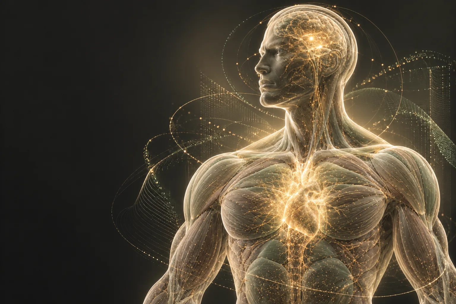 Visualización conceptual de inteligencia artificial, anatomía y datos de rendimiento