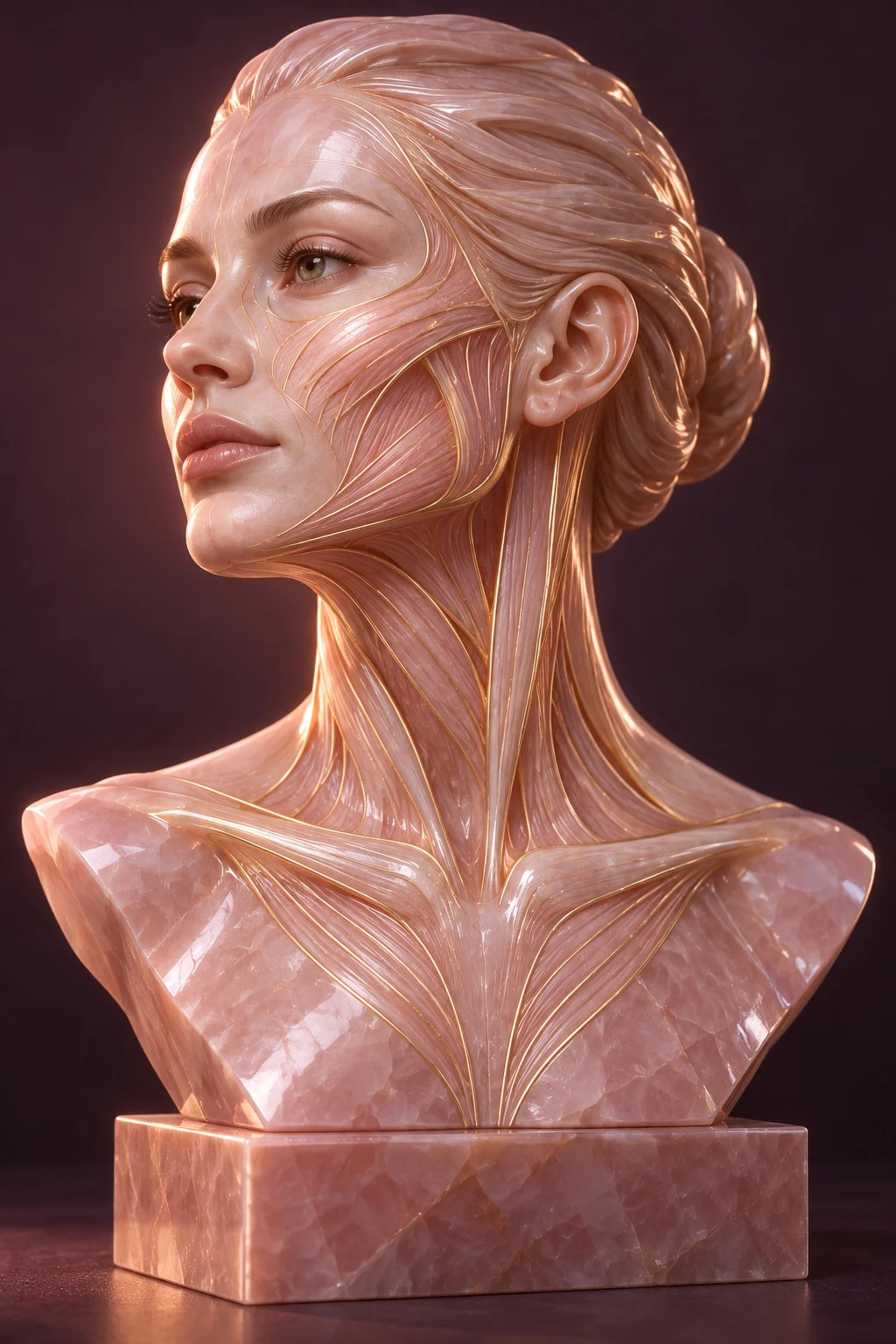 Escultura conceptual femenina con líneas que recorren rostro, cuello y clavículas